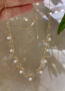 18K oro sólido real uso diario ligero lujo duradero 3 capas cuentas perla <span class=keywords><strong>encaje</strong></span> fino mujeres encanto collar AU750 - Product Image 4