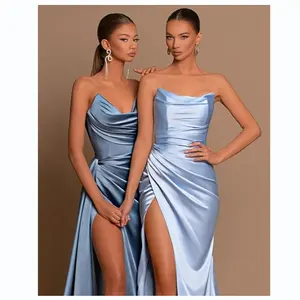 2024 Women's Strapless Satin Mermaid Prom Dresses Elegant Pleated Long Formal Evening Gowns for Women Dress with Slit