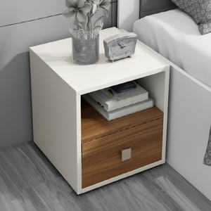 Mesita de noche moderna compacta con cubículo abierto y un solo cajón con acabado de nogal para un diseño que ahorra espacio, a precios al por mayor - Product Image 1