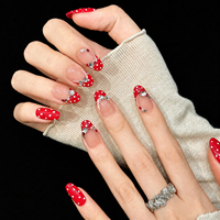 Faux ongles à presser personnalisés en gros, faits main, avec strass, motif pois rouges, French manucure, courts, ovales, réutilisables