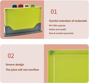 Ensemble de planches à découper de cuisine en plastique coloré multifonctionnel au design unique, 4 pièces, avec support - Product Image 4