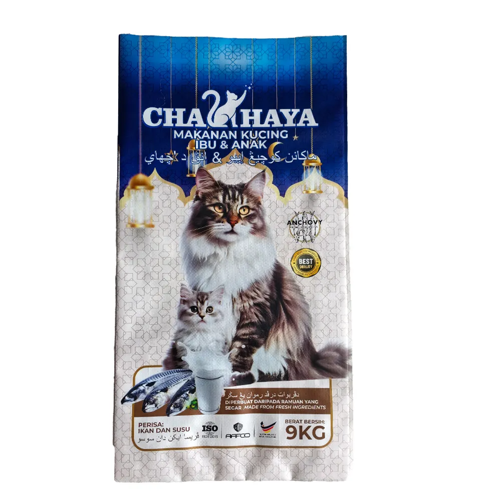 Açık üst kare alt kedi maması torba 50kg su geçirmez dokuma çanta pet gıda için