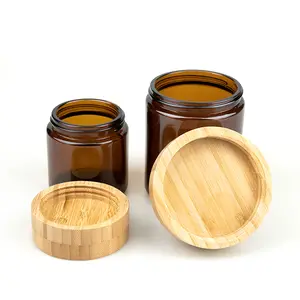 Home Decor Glass Storage Containers Empty Recycled Straight Sided Amber Glass Candle Jars With Wooden Caps