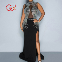 GX3127 Mode 2023 Robe longue de soirée sexy, sans manches, avec strass et patchwork en maille, fendue, pour boîte de nuit
