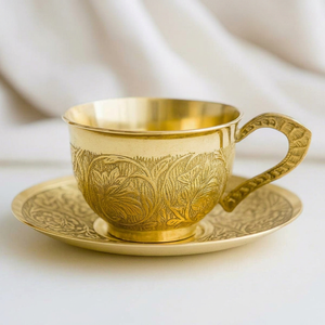 Brass <b>Cup</b> and <b>Saucer</b> Featuring Traditional Indian Motifs and Royal Finish for Festive and Formal Use - Product Image 1