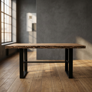 Table à manger de luxe en bois de noyer massif avec bord naturel, pieds en bois, design moderne, plateau rectangulaire 6 places pour mobilier de maison - Product Image 6
