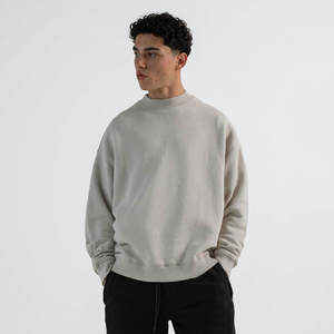 Streetwear Men Cropped Drop Shoulder Sweatshirt Plain Boxy Fit Pullover French Terry <b>Mock</b> <b>Neck</b> Sweatshirt - Product Image 1