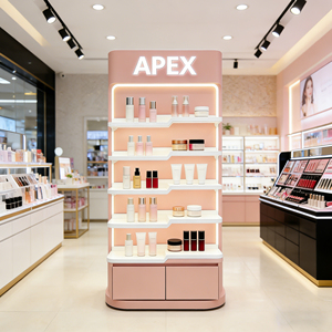 Étagère de présentation cosmétique LED personnalisée sur pied pour <span class=keywords><strong>magasin</strong></span> de cosmétiques, présentoir rose pour soins de la peau avec armoire de rangement - Product Image 1