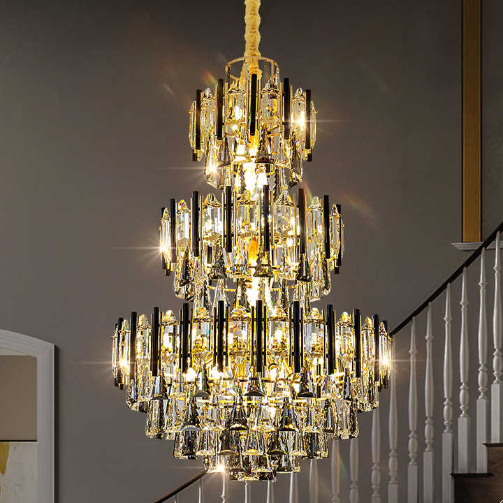 Modern Gold Amber Crystal Chandelier Large Crystal Pendant Light Iron