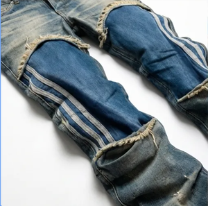 Vaqueros de mezclilla para hombre WangSheng de tiro medio, con patchwork oscuro y claro, desgastados, rotos, con paneles a rayas, apilados, de corte regular, estilo vintage Y2K - Product Image 5