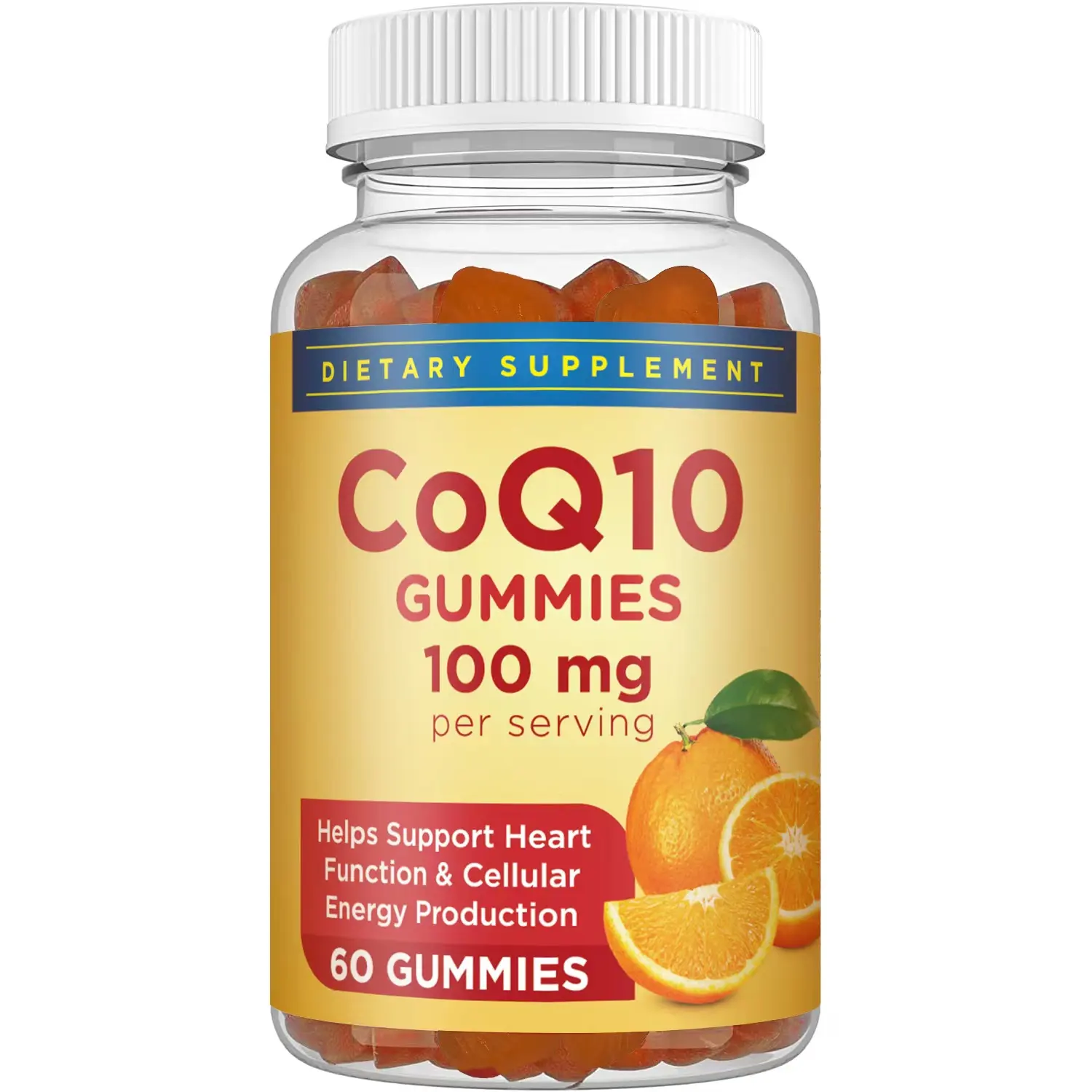 OEM LABEL pribadi CoQ10 Gummies 100 mg mendukung energi seluler kesehatan jantung & dukungan antioksidan bentuk hati oranye