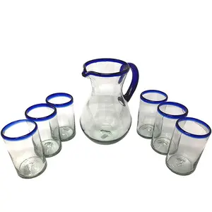 Handgemaakte Mondgeblazen Aangepaste Sterke Mexicaanse Kobalt Blut & Licht Blauw Water Cooler Glas Jug Pitcher Set