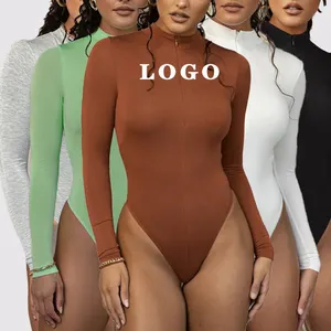 De gros vert cut body-Body Sexy à manches longues pour femmes, combinaison avec fermeture éclair, Logo personnalisé imprimé, taille haute, gris, vert, noir, Clubwear, vente en gros, printemps