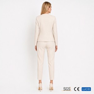 Completo da Donna Minimalista <span class=keywords><strong>in</strong></span> Misto <span class=keywords><strong>Lino</strong></span> 240GSM, Giacca Senza Colletto Monopetto e Pantaloni Affusolati, OEM XS-5XL - Product Image 3