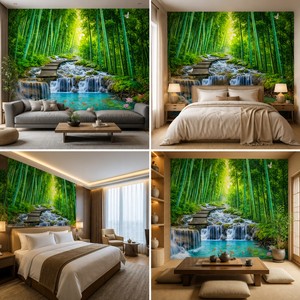 Mural de Pared Personalizado con Diseño de Bosque de Bambú y Cascada, Lienzo con Óleo, Loto y Pez Dorado, Papel Tapiz Zen para Sala de Estar, Dormitorio, Hotel - Product Image 4
