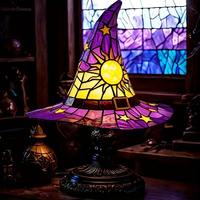 Lampe LED Chapeau de Sorcière en Résine 30cm - Veilleuse d'Halloween Style Vitrail - Lampe de Table Décorative Alimentée par USB