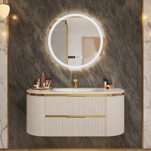 Meuble-lavabo mural à nervures courbes <span class=keywords><strong>avec</strong></span> <span class=keywords><strong>miroir</strong></span> lumineux inclus, double vasque <span class=keywords><strong>pour</strong></span> les familles, fabriqué en Chine continentale - Product Image 3