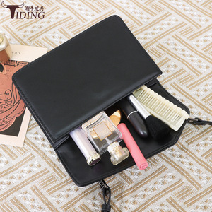 Tiding Women's Genuine Leather Cosmetic Bag Black Magnetic Closure <b>Compact</b> Travel <b>Makeup</b> Organizer For Daily Use - Product Image 1