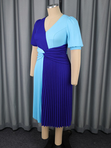 657 à la mode élégant col en V à manches courtes Patchwork torsion taille bleu une ligne plissée grande taille Midi formel femmes tenue décontractée - Product Image 5