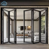 Fenêtre pliante multi-vantaux en aluminium noir, style minimaliste moderne, pour ventilation traversante, idéale pour comptoir de cuisine ou bar