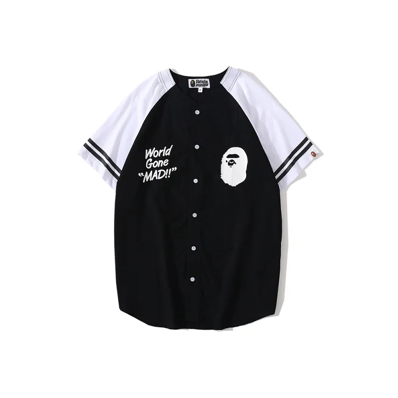 2020 New Arrival Bape Animal Head Print Baseball Shirt White and Black T-shirt