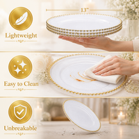 Assiettes de présentation transparentes avec bordure perlée dorée, rondes de 13 pouces, durables, pour mariages, fêtes, Thanksgiving et autres occasions.