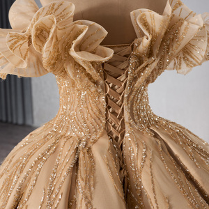 Robe de soirée longue moderne dorée en organza, robe de bal, robe de soirée à fleurs, appliques, perles, Rsm241066 - Product Image 3