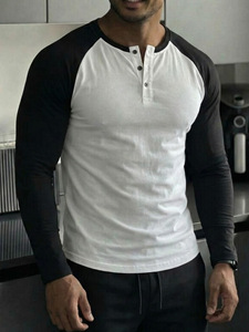 <strong>Men</strong> Raglan Long-Sleeve <strong>Henley</strong> <strong>T</strong>-<strong>Shirt</strong> Crew Neck Button Placket Casual Loose Fit Baseball Tee Custom Logo 100% Cotton 220g Blank - Product Image 5