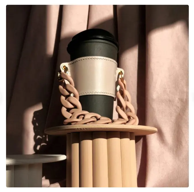 Porte-gobelet à manche en cuir de luxe Porte-gobelet à café de voyage réutilisable Porte-gobelet à chaîne en métal détachable Porte-gobelet portable