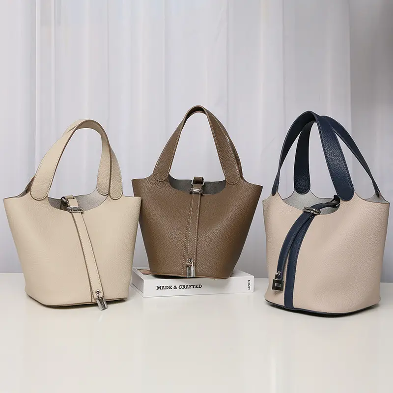 Wholesale Lichi Leather Gray Ladies Tote Handbag Women Bucket Hobo Soft Leather Tote Bag with Lock