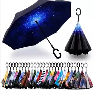 BR 도매 맞춤형 로고 브랜드 더블 레이어 거꾸로 아마존 자동차 뒤집을 수 있는 거꾸로 비 태양 숙녀 남성용 예비 우산