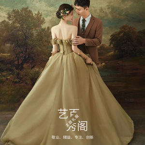 Strapless Ball Gown Wedding Dress Olive Green Vintage Style Long Train Natural Waistline Folds Design - Product Image 2