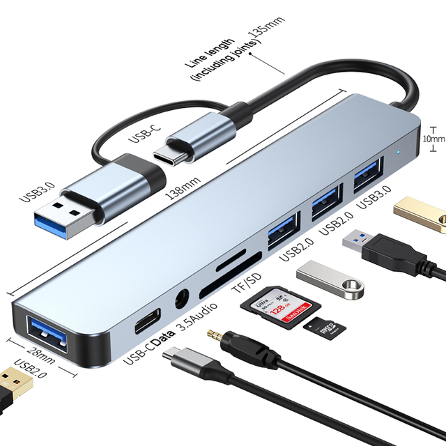 8-in-1 USB Hub with Multiport Dock USB 3.0 Type-C TF/PD Reading 3.5mm Audio Jack Aluminum Alloy in Stock
