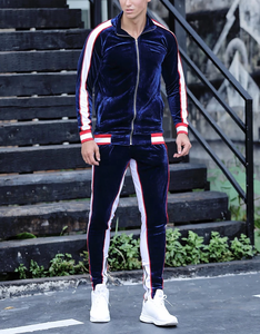 Nouveau élégant Offre Spéciale hommes Velours Plaine Rayure Jogging Piste hommes 2 pièces survêtements - Product Image 5