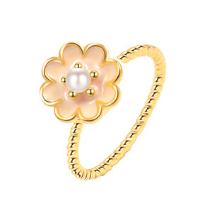 Anillo Ajustable Minimalista de Cobre Chapado en Oro con Perla de Concha y Flor Esmaltada Giratoria, Joyería de Moda para Mujer, Anillo Antiestrés Fidget - Product Image 5
