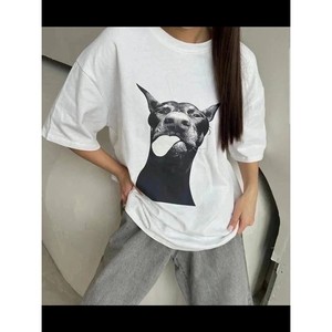 Nouveau T-shirt d'été 2026 pour femme, style européen, 100 % coton, manches courtes, longueur mi-longue, imprimé chiot amusant, polyvalent, <span class=keywords><strong>chic</strong></span> pour le quotidien - Product Image 1