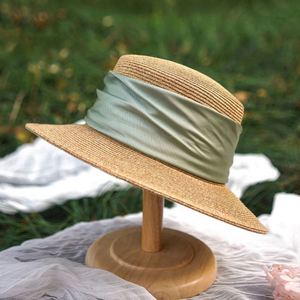 Wholesale Female Straw <b>Hat</b> With Satin Ribbon Wide Brim Sun Beach <b>Hat</b> Summer French <b>Flat</b> Top Bowler Straw <b>Hat</b> - Product Image 3