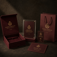 Caja Magnética de Terciopelo para Joyería, Color Borgoña Dorado, con Exhibidor Acrílico, Bolsa para Tarjetas NFC, para Marcas de Joyería Vintage, Antiguas y de Herencia