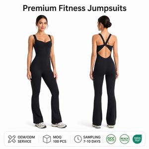 Charlo Women Premium Fitness Jumpsuit One Piece <b>Bodysuit</b> Flare Leg Cross Strap Back <b>Gym</b> Workout Wholesale Custom OEM GCC - Product Image 1