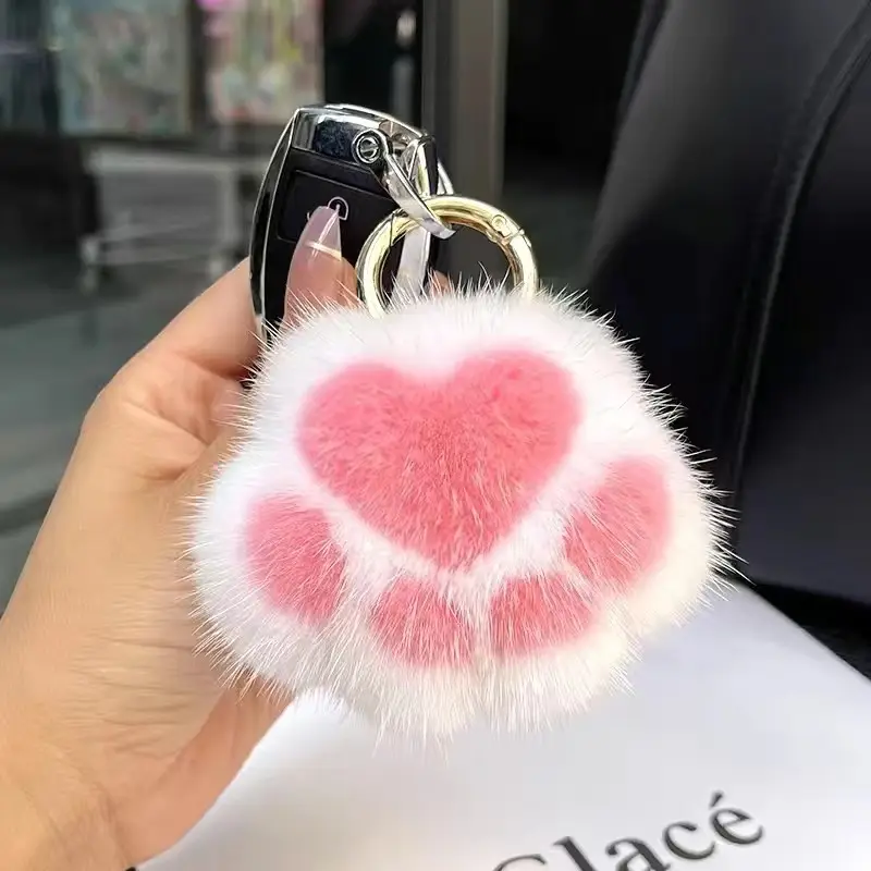 kawaii Fashion High Level Lovely Bear Paw Pattern Pretty Cute Cat-Pad Plush KeyChain Rex Rabbit Fur pom pom Key chains Soft Toys