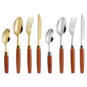 304 thép không gỉ Flatware thiết lập Cổ điển vàng bít tết dao muỗng-Bốn mảnh mới sabele Thiết kế tay cầm bằng gỗ gương cho các bên - Product Image 5