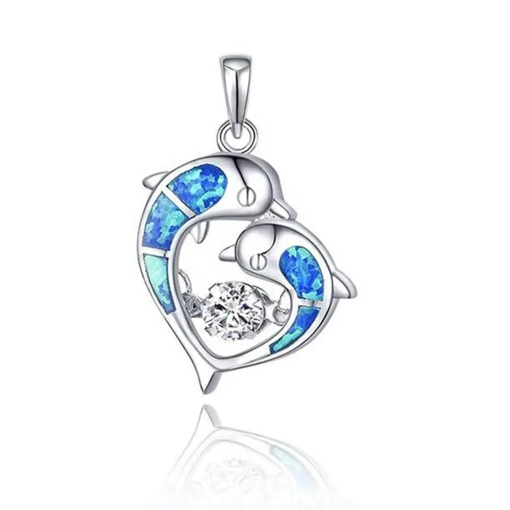 925 Sterling Silver Dancing Diamond Blue Fire Opal Dolphin Pendant Necklace