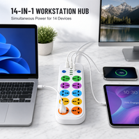 Multiprise universelle 2500W à 10 prises avec 1 port Type-C, 3 ports USB à charge rapide, double interrupteur, fiche UE à 90 degrés pour la maison et le bureau