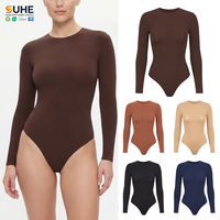 Body de Mujer SUHE, Casual, Regular, Manga Larga, Cuello Redondo, Cierre de Broches en la Parte Inferior, Tejido Elástico y Suave, Sin Costuras, Moldeador, para Verano e Invierno