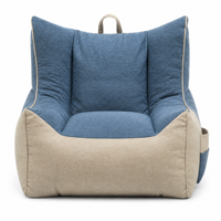 Fauteuil pouf moderne inclinable en mousse patchwork bleu beige avec poche latérale et poignée supérieure en tissu lin, canapé paresseux pour salon et chambre