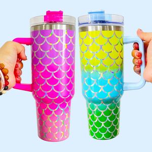 40oz Holographic Mermaid Fish Scales Pattern Ombre Color Tumbler Water <b>Bottle</b> with Handle and Straw for <b>Coffee</b> Cold Drinks - Product Image 4