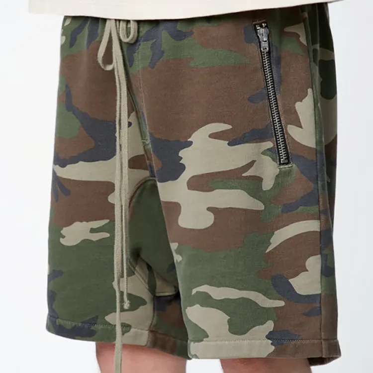 2021 Men Camouflage Green Pocket Zipper Elastic Waist Drawstring Sports Camo Shorts