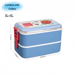 Fiambrera Escolar de Dos Capas de Plástico con Juegos de Cubiertos para Niños, Fiambrera de Dibujos Animados OEM, 2L, 2000ml, Venta Al por Mayor de Fábrica - Product Image 1