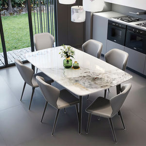 طاولة طعام فاخرة بتصميم عصري جديد مع 6 كراسي تتسع لـ 8 أشخاص مصنوعة من الفولاذ الكربوني الذهبي والرخام الأردوازي - Product Image 1