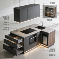 Meubles de cuisine minimalistes de luxe blancs et noirs avec îlot incurvé et tiroirs à fermeture douce